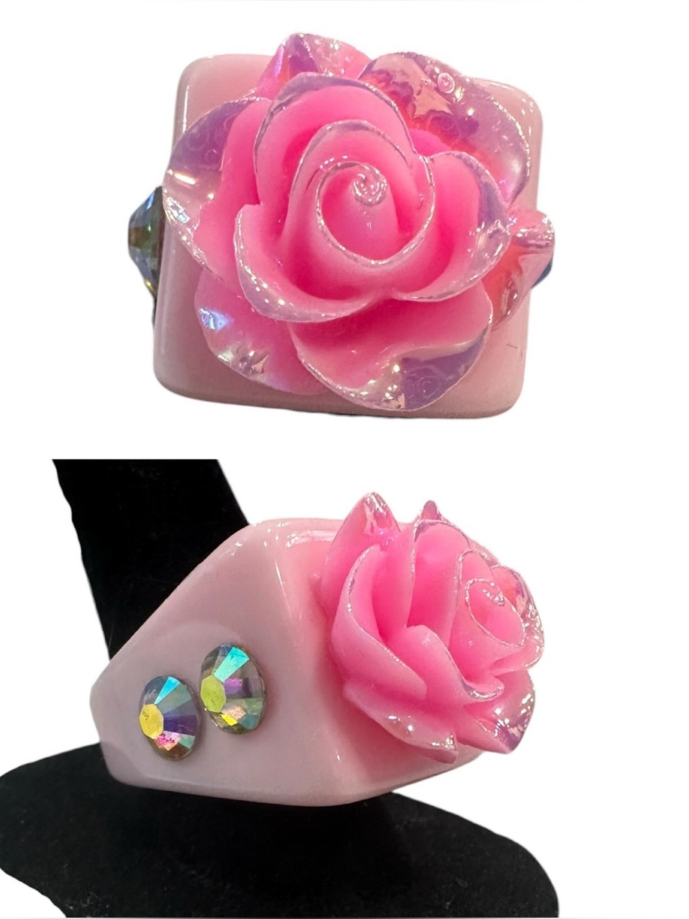 Haus of Lenora: Boutique Pink Rose Resin Statement Ring with AB Rhinestones